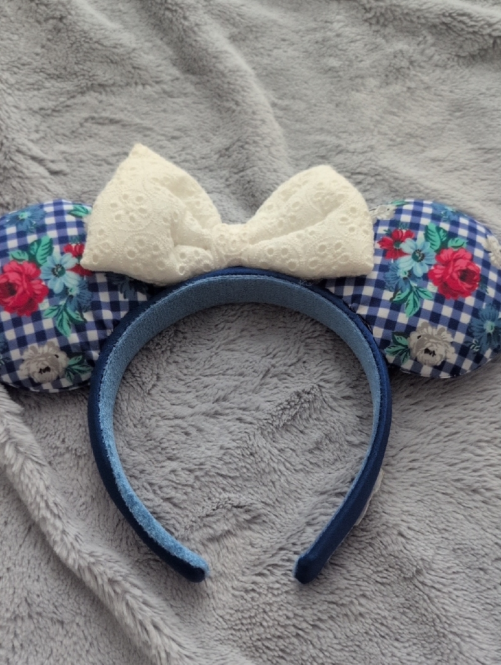 Disney Floral Gingham Minnie Mouse Ears with Cream Lace Bow